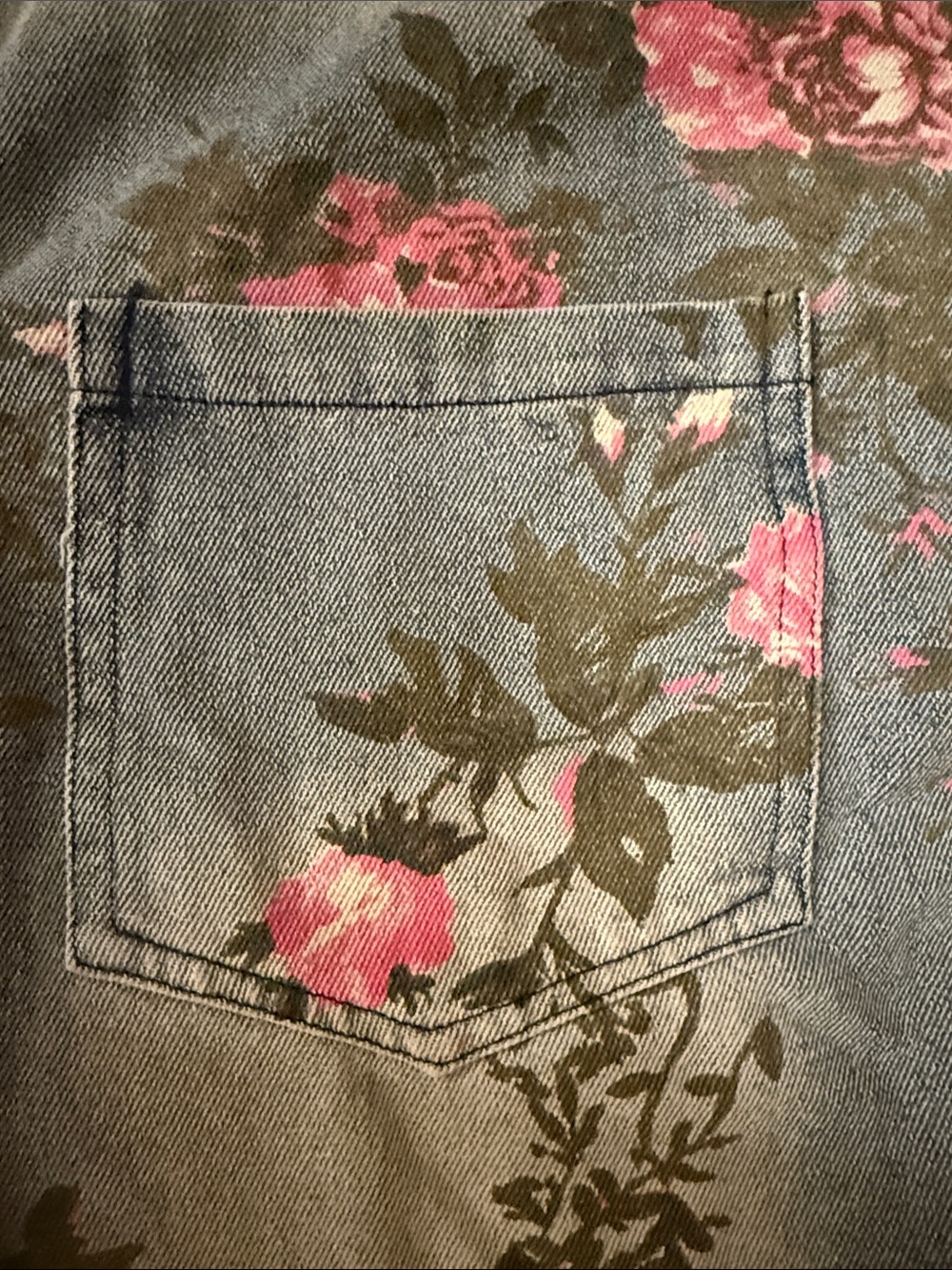 Floral Denim Button-Up Jean Shirt with Pink Roses. Rustic western cowgirl rodeo - Picture 3 of 8